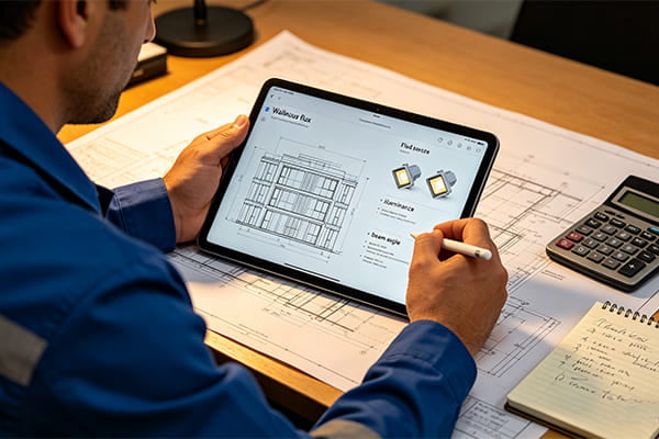 Engineer calculating lighting requirements on a tablet